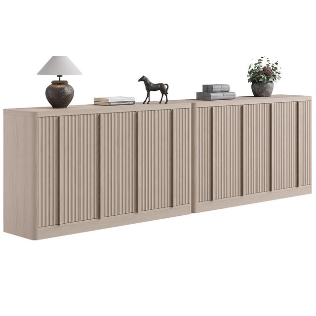 Fluted Buffet Cabinet with Storage, 120" Sideboard Buffet Storage Cabinet with 8 Doors & Solid Wood Handle, Coffee Bar Wood Credenza Cabinet for Kitchen, Living Room, Hallway, White Alder(2PCS)