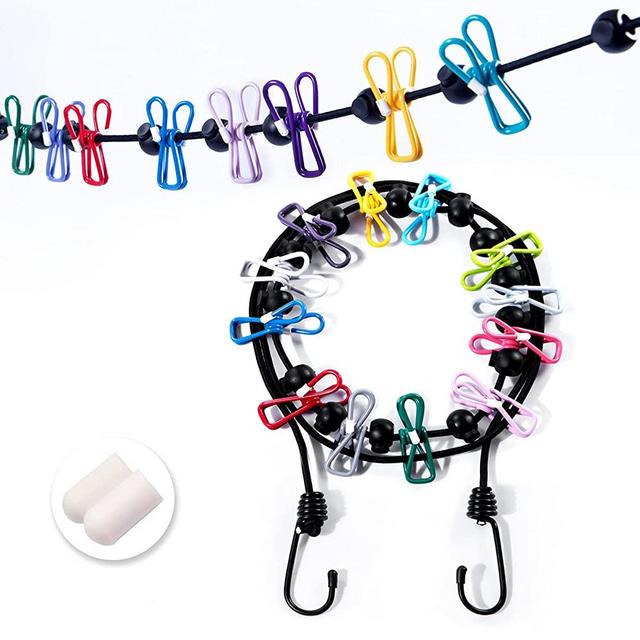 Portable Clothesline with 12 Colorful Clothespins, Windproof Travel Clothesline Stretchy Retractable Elastic Laundry Clothes Line for Backyard, Vacation Hotel, Balcony and Indoor Use