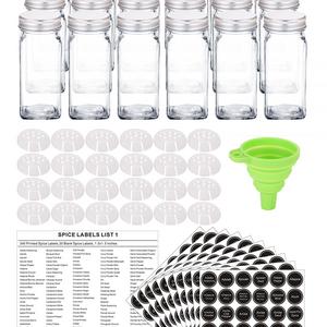 24 Glass Spice Jars with 360 Spice Jar Labels and Funnel Complete Set by SWOMMOLY. 24 Square Glass Jars 4OZ, Airtight Cap, Pour/sift Shaker Lid