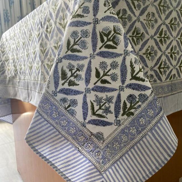 Light Steel Blue, Olive Green Hand Block Printed Cotton Tablecloth, Dining Table Cover Farmhouse Party Wedding Home Housewarming Baby Shower