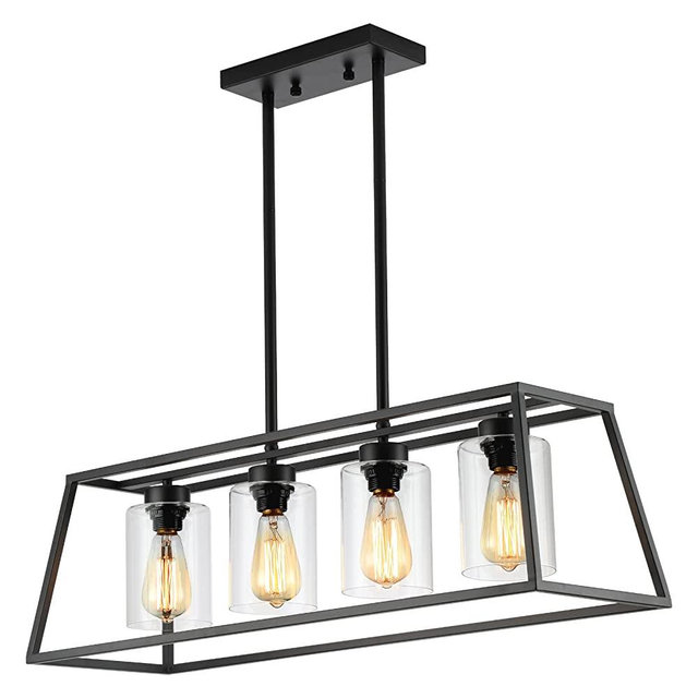 Black Farmhouse Chandeliers for Dining Room, Rustic Kitchen Island Light Fixture, 4-Light Linear Pendant Lights Kitchen Island with Glass Shade ，Apply to Dining Room Light fixtures Over Table