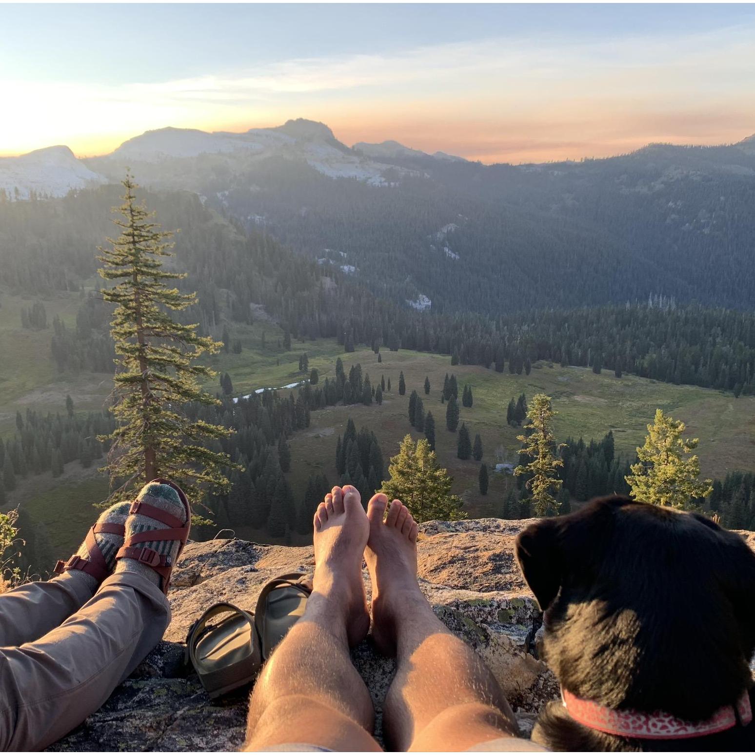 Enjoying the sunset and the view on one of our backpacking trips. (2020)