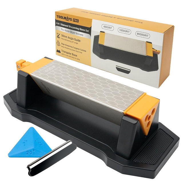 TOOMAYS Sharpening Stone 3 Side Grit 400/1000/8000, Premium Industrial Diamond & Ceramic, Knife Sharpener Stone with Angle Guide*2 and Non-Slip Base (3 Side Grit 400/1000/8000)