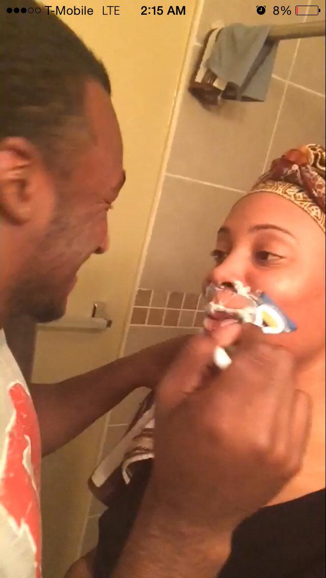 Victoria lost a bet in college and Savon decided her mustache needed shavingđĽ´
