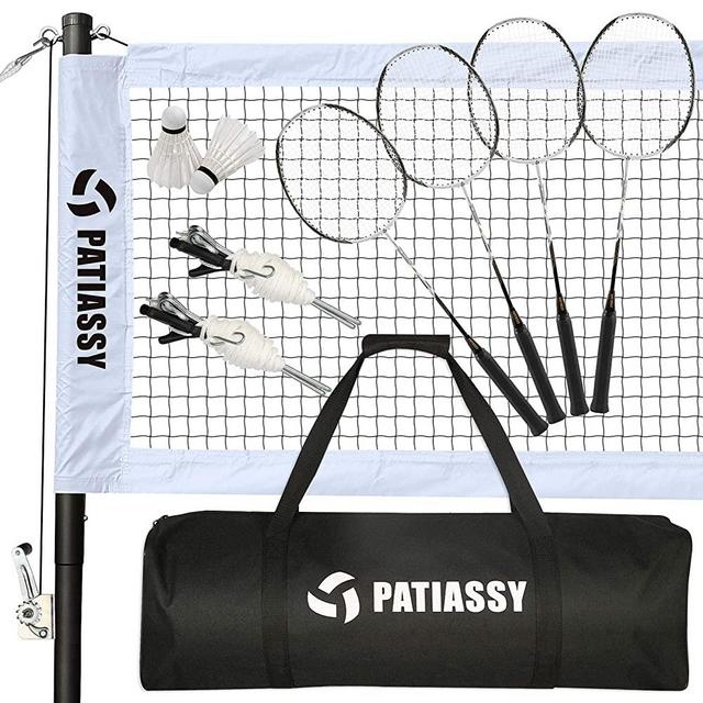 Patiassy Professional Badminton Set with 4 Carbon Fiber Rackets and 2 Goose Feather Shuttlecocks Portable Badminton Net Set for Backyard Beach with Winch System and Carrying Bag