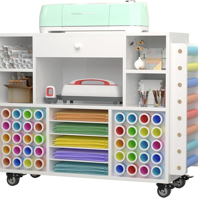 Craft organization and storage Cart Compatible with Cricut Machine, Rolling Craft Organizer With large drawer & 48 Vinyl Roll Holder, Crafting Cabinet Table Workstation for Craft Room Home