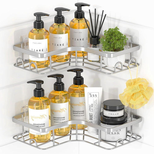 Sakugi Corner Shower Caddy - 2 Pack, Adhesive Shower Organizers, Rustproof Stainless Steel Shower Shelves with 8 Hooks, No Drilling Bathroom Organizers and Storage Racks, Space-Saving, Silver