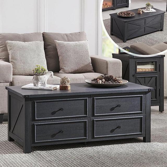 48” Modern Farmhouse Wood Coffee Table with 4 Large Storage Drawers; Decorative Rustic Living Room Coffee Table; Work from Home, Office and Living Room Storage for Books, Desk Supplies, Games, Blanket