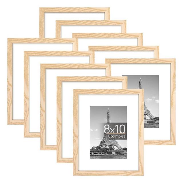 upsimples 8x10 Picture Frame Set of 10,Display Pictures 5x7 with Mat or 8x10 Without Mat, Multi Photo Frames Collage for Wall or Tabletop Display, Real Glass, Natural