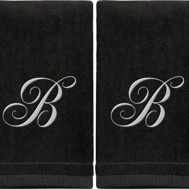 Monogrammed Towels Fingertip, Personalized Gift, 11 x 18 Inches - Set of 2 White Embroidered Towel - Extra Absorbent 100% Cotton - Soft Velour Finish - For Bathroom/ Kitchen/ Spa - Initial B (Black)