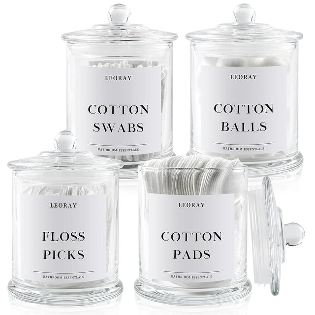LEORAY 4 Pack Glass Qtip Holder Dispenser with Lids, Airtight Waterproof Apothecary Jars, 16 Oz Vanity Organizer Bathroom Canisters for Cotton Swabs, Balls, Pads, Floss Picks, Transparent