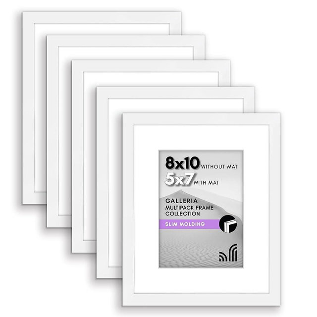 Americanflat 8x10 Picture Frame with Polished Plexiglass - Set of 5 - Use as 5x7 Frame with Mat or 8x10 Frame Without Mat - Galleria Collection - Gallery Frames for Tabletop and Wall Display - White