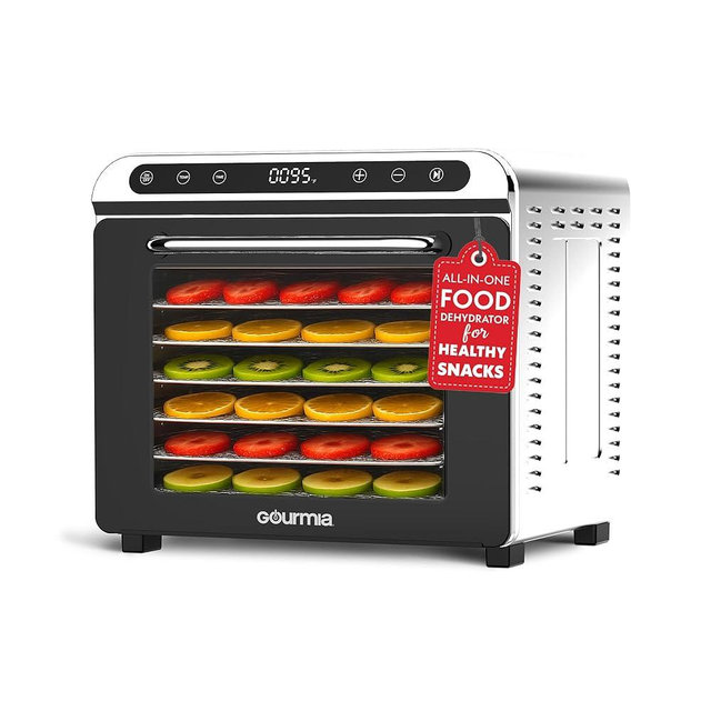 Gourmia 8-Tray Food Dehydrator – Digital Stainless Steel Food Dryer for Jerky, Fruits & Herbs, 95F–185F Temp Control, 30min–48H Timer, Silent Brushless Motor, Even Drying, Includes Recipe Book