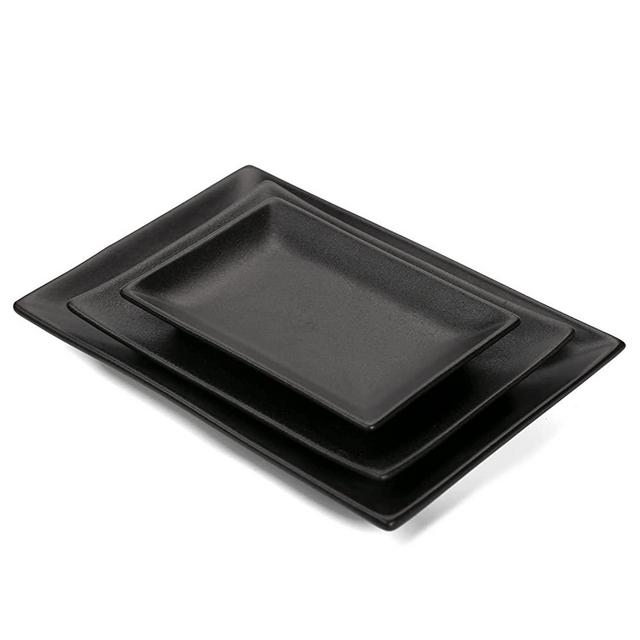 vicrays Ceramic Rectangle Serving Platters - 12" 10" 8" Porcelain Serving Platters for Party, BBQ, Serving Trays Serving Plates for Appetizers, Sushi, Restaurant, Dessert Shop, Set of 3 (Black)