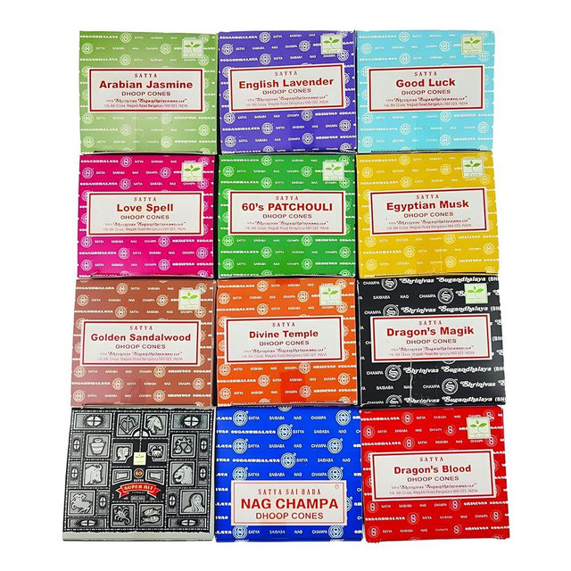 Satya Sai Baba Nag Champa Incense Dhoop Cones for Meditation, Yoga and Stress Relief - 12 Pack, 144 Cones with Natural Fragrance