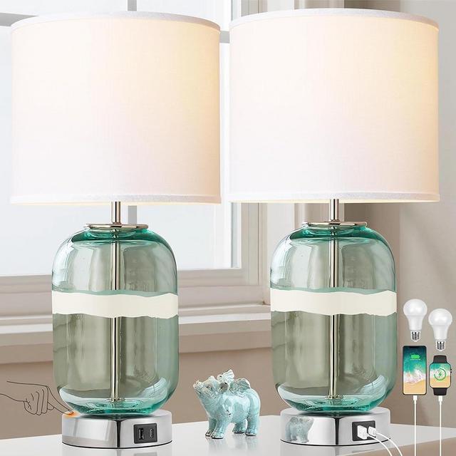 Hamucd 3-Way Dimmable Touch Control Table Lamps for Living Room Set of 2 with USB A+C,Coastal Nautical Beach Theme Clear Blue Green Glass Bedside Nightstand Lamps for Bedroom(Bulbs Included)