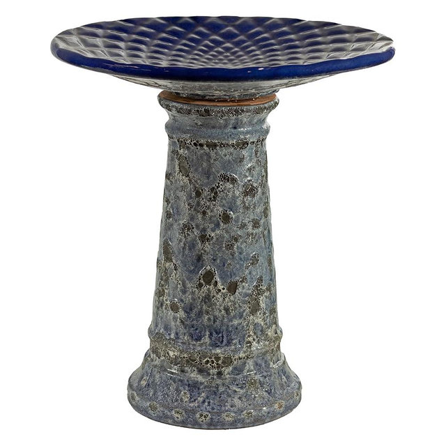 Sunnydaze Rennes Outdoor Ceramic Bird Bath - 22.5" H - UV- and Frost-Resistant - Glazed Bowl with Blue Lava Finish
