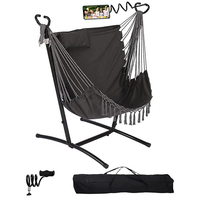 Hammock with Stand Phone Holder Included Double Hanging Chair Macrame Boho Handmade Adjustable Swing Indoor Outdoor Patio Yard Garden Porch 400lbs Capacity, Black