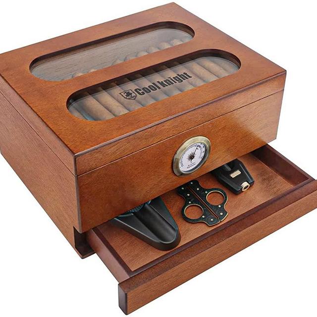 COOL KNIGHT Cigar Humidor with Front Hygrometer, Humidifier and Accessory Drawers-Tempered Glass Top Cigar Humidor Box - Spanish Cedar Humidor-Desktop Humidor That can Hold 40-60 Cigars.
