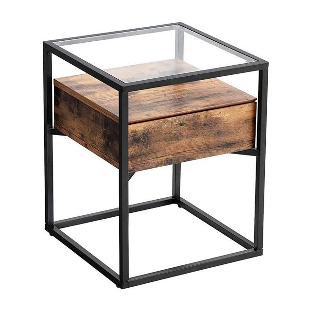 VASAGLE Side Table, Nightstand, Tempered Glass End Table, with Drawer and Shelf, Decoration in Living Room, Stable Steel Frame, Industrial, Rustic Brown and Black ULET04BXV1