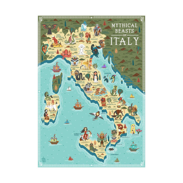 Mythical Beasts of Italy - A3 art print - illustrated map - Bestie Mitiche d'Italia