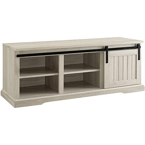 Walker Edison Farmhouse Sliding Grooved Door Entryway Bench Shoe Storage Shelf Hallway Organizer, 48 Inch, Birch
