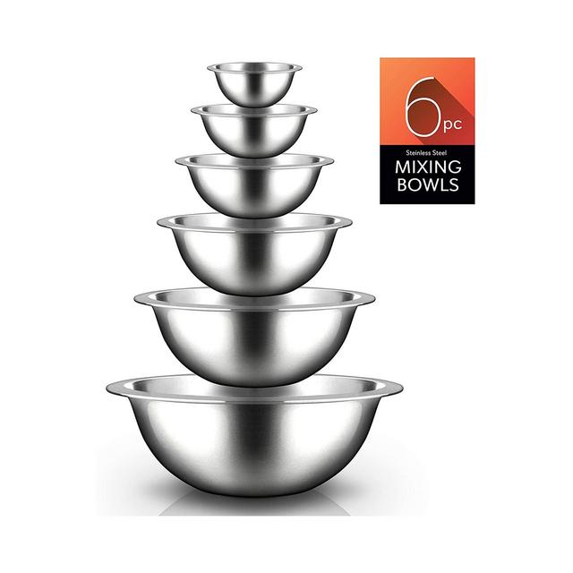 NutriChef 6 Piece Stainless Steel Home Kitchen Stackable Food Prep Serving Bowl Set for Cooking, Marinating, and Mixing