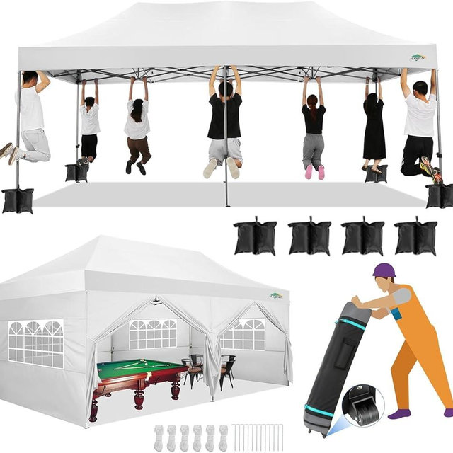 COBIZI 10x20 Canopy with Sidewalls, Heavy Duty Party Tent Pop up Canopy, Tents for Parties, Wedding, Outdoor Easy up Foldable Portable Canopy Tent with Wheeled Bag, White(Windproof Upgrade)
