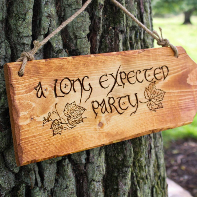 A Long Expected Party Sign Pyrography Wood Burning Jute Rope Interior Exterior Fantasy Themed Decor Inspired Rustic Book Gift Nerd Wedding