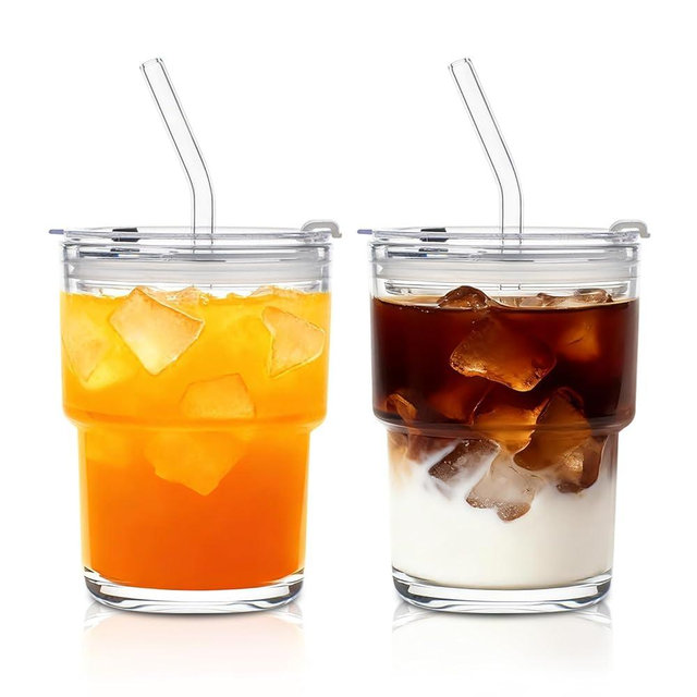 SoulTimes 13oz Glass Tumbler with Lid and Glass Straw Set of 2 – Thick-Walled Iced Coffee Cup, Reusable Clear Glass Cups for Water, Iced Tea, Coffee, Juice, Perfect for On-the-Go & Daily Use