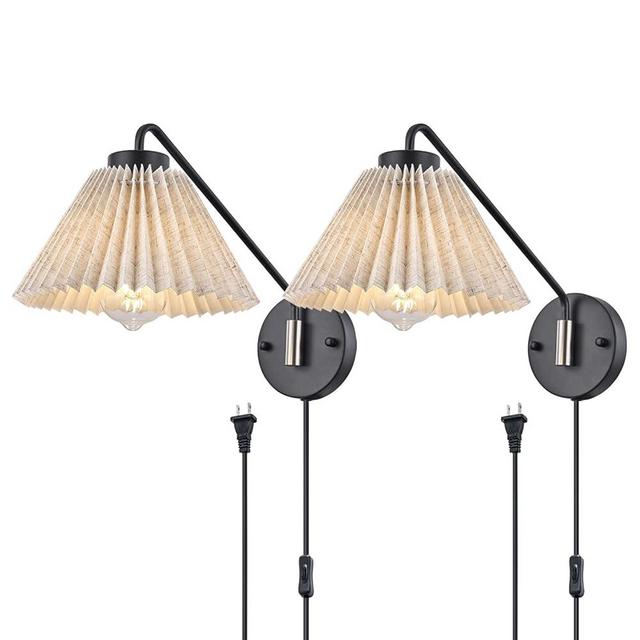 BISAMIYA Upgraded Foldable Wall Lamp Set of 2, Swing Arm, Brushed Nickel Accent, Plug in Wall Sconce with On/Off Switch for Bedroom, Hotel, Living Room