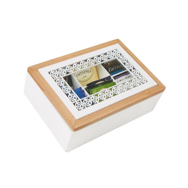 Mind Reader Tea Box Storage Holder with Glass Window Wood Pattern