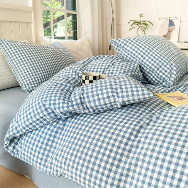 Mucalis Blue Gingham Duvet Cover Queen 100% Washed Cotton White Plaid Checkered Duvet Cover Set Full Modern 3 Piece Grid Bedding Set with Zipper Closure Corner Ties,Durable,Breathable,Easy Care