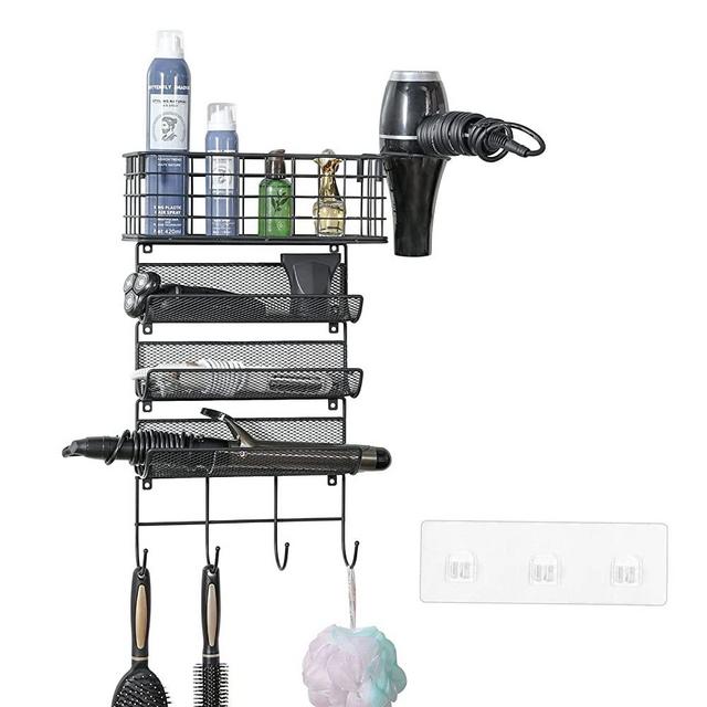 Wall-Mounted Hair Dryer Holder Styling Tool Organizer 4-Shelf Storage Wire Basket with Hook Heat Safe Rack for Hair Straighteners,Curling Wands,Flat Iron,Perfume,Cabinet Door Bathroom Kitchen
