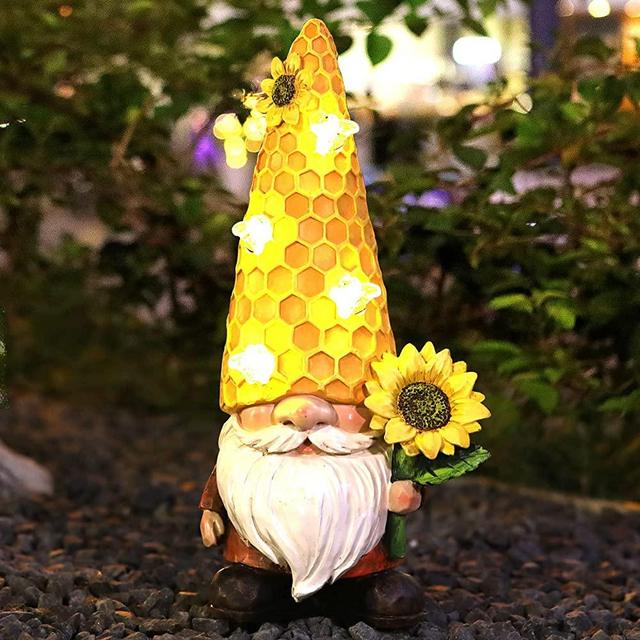 12.3 inch Gnomes Garden Statue, Resin Sunflower Statues Gnome Figurine Solar Outdoor Decorations Art Sculpture for Patio Yard Lawn Garden Decor Funny Lawn Decorations Ornaments