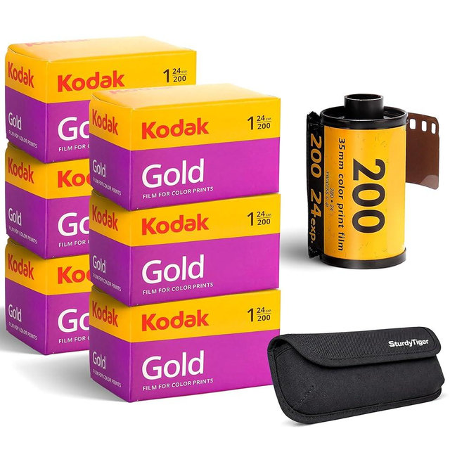 Kodak Gold 200 35mm Film Roll (24 Exposures / 144 Photos) 6 Rolls + Sturdy Tiger Film Storage Case, Black