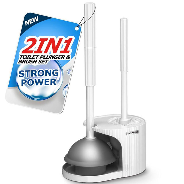 FORASTO 2 in 1 Toilet Brush & Plunger Set, Extended Handle, Bathroom Cleaning Combo, White