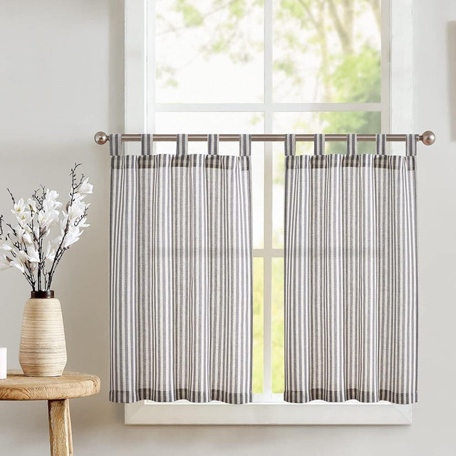 jinchan Kitchen Linen Striped Tier Curtains 24in Length Ticking Stripe Cafe Curtains Pinstripe Farmhouse Small Window Curtains Tab Top for Living Room Bathroom RV 2 Panels Black on Beige,W26xL24