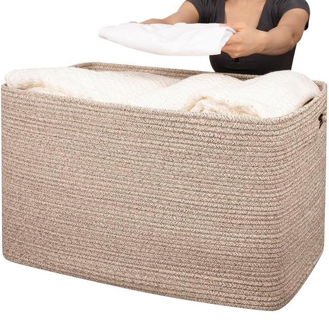 OIAHOMY 118L Cotton Rope Storage Basket, Oversized Blanket Basket, Living Room, Bathroom, Nursery, Bedroom Dirty Clothes Basket, Toy Storage Basket with Handles, 25" x 17" x 16",Brown variegated