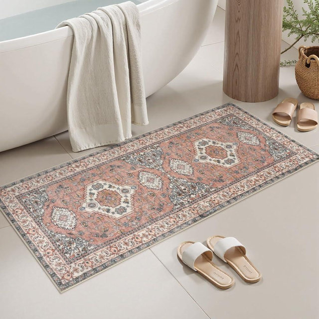 Seavish Vintage Bathroom Runner Rug, 20x47 Inch Coral Oriental Absorbent Bath Mat, Non Slip Washable Distressed Bath Rugs for Vanity Sink Tub, Soft Boho Farmhouse Bathroom Floor Mat