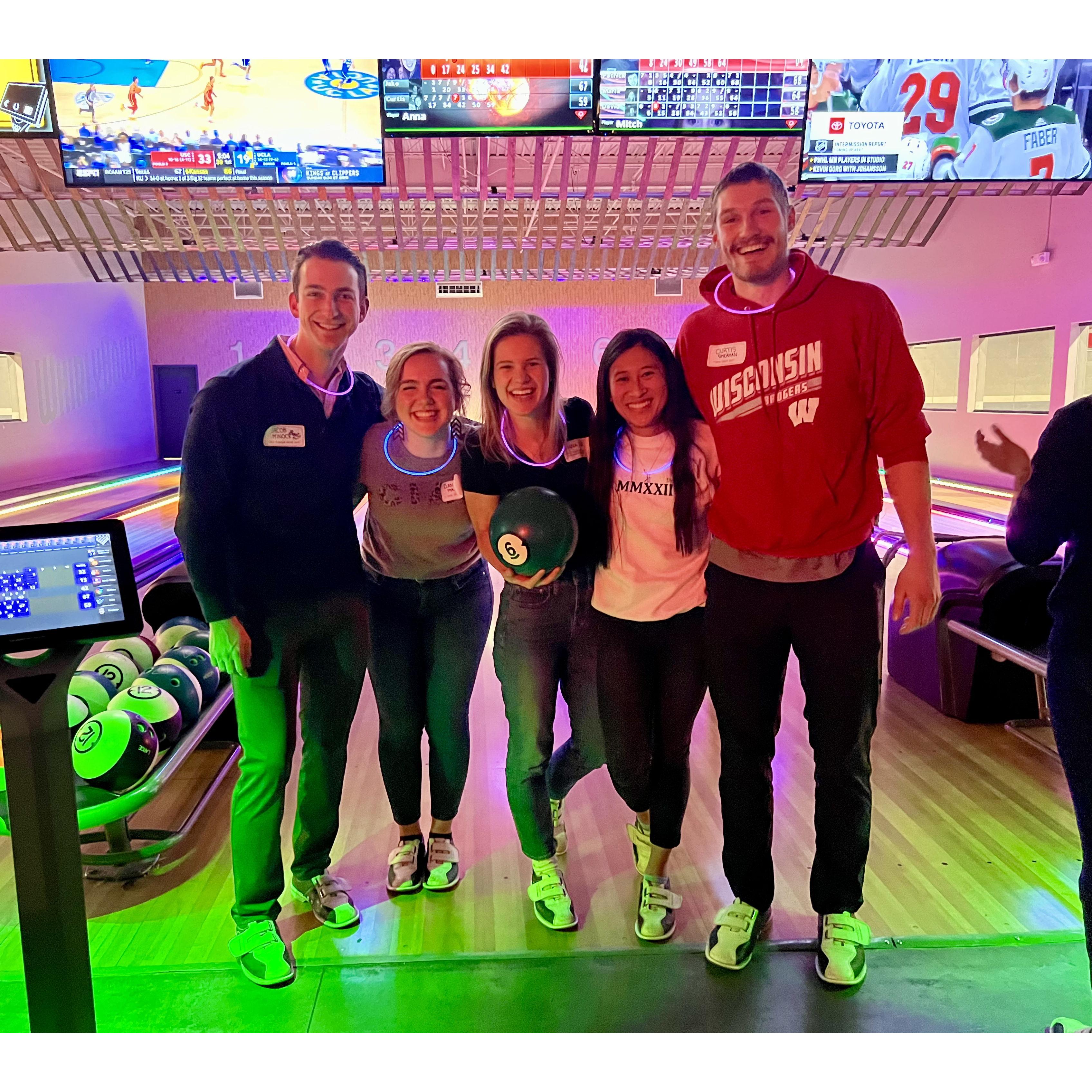 Bowling with the Crew! Jake, Dani, and Clare are all in our wedding party!