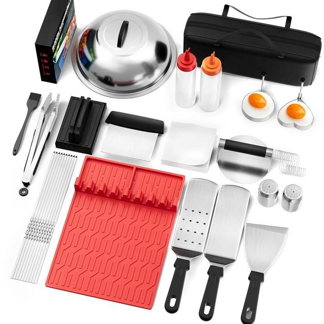VOZZYOTO 38 PSC Griddle Accessories Kit for Blackstone, Flat Top Grill Tools with Smashed Burger Press and Silicone Grill Mat, Basting Cover, Griddle Spatula Set for Outdoor Camping BBQ