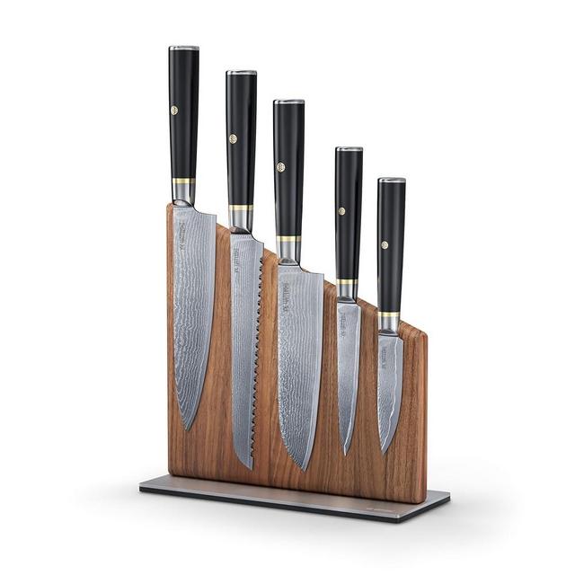 Yatoshi Magnetic Kitchen Knife Block Set 6 Pcs - Japanese 67 Layer High-Grade VG-10 Damascus Steel Knives, Sharp, G10 Handle Professional Kitchen Knife Set