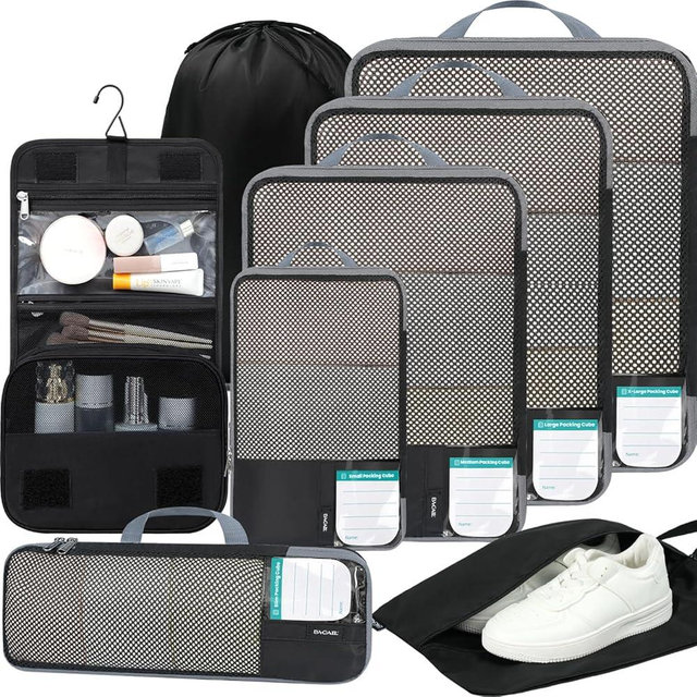 BAGAIL 4 Set/6 Set/8 Set Compression Packing Cubes Travel Accessories Expandable Packing Organizers (Half Mesh, 8-Jet Black)
