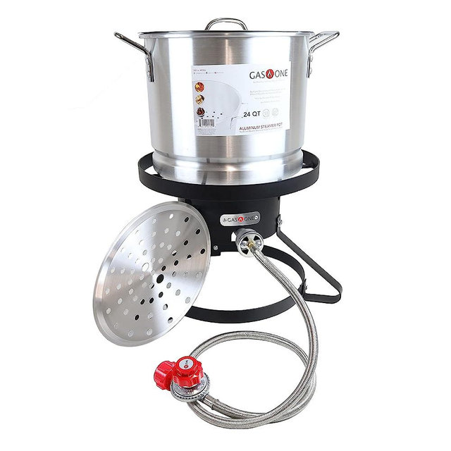 GasOne B-5155-RED Burner with Steamer Pot Turkey Fry & Tamale-with High Pressure Propane Regulator and Hose, Red QCC