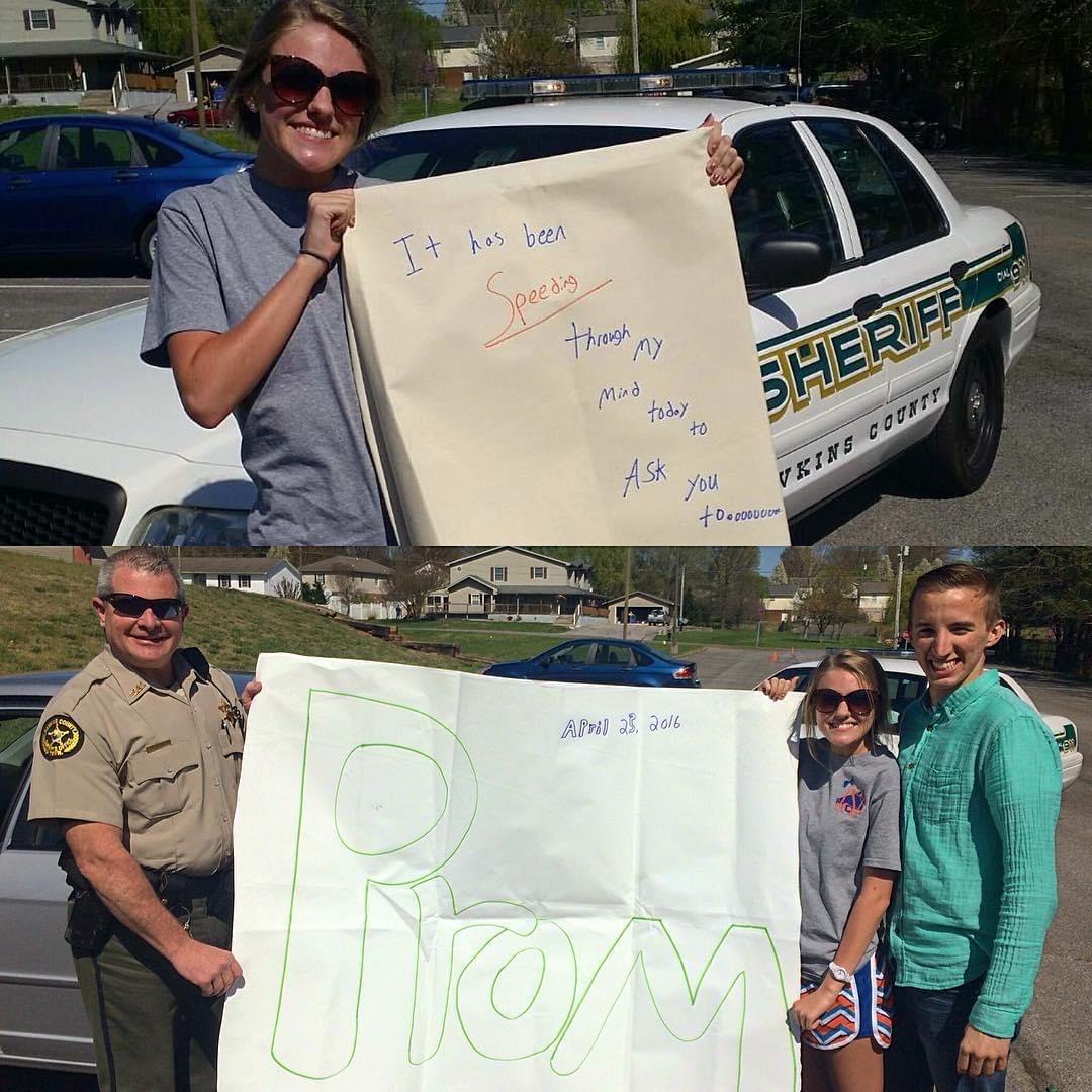 This was Christopher's "promposal" for our senior prom! He had our SRO pull me over in the school parking lot for "speeding" and even made me get out of the car! I was terrified until I saw the sign!