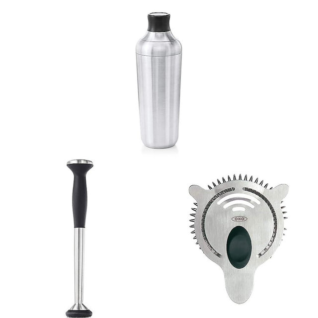 OXO Steel Single Wall Cocktail Shaker & OXO SteeL Muddler with Non-Scratch Nylon Head and Soft Non-Slip Grip, Silver, 9-Inch & OXO Cocktail Strainer, Steel