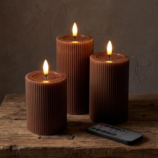 West Ivory Fluted Ribbed LED Pillar Candles, Brown, with Reflective Melted-Wax Effect – Flickering Flame, Remote, Dimmable, Flameless, Battery Operated, Home & Wedding Decor (Set of 3)
