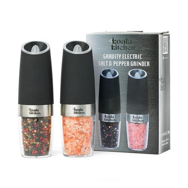The Koala Kitchen Co.™ Gravity Electric Salt and Pepper Grinder Set, Adjustable Coarseness, Battery Powered with Blue LED Light, One Hand Automatic Operation, Stainless Steel, 2 Pack Set (Black)