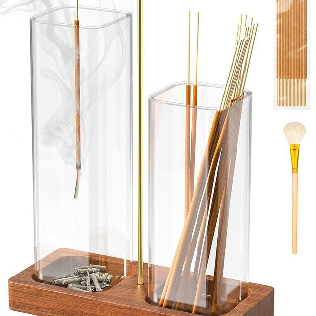 2 in 1 Incense Holder with 7.8" & 5.9" Glass Jars, Large Incense Holder for Sticks, Upside Down Incense Burner with Ash Catcher & Storage for Meditation Yoga Spa Home Decor - 20 Incense Sticks & Brush